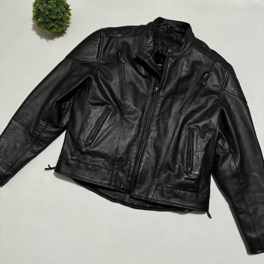 Leather King Black Genuine Leather Padded Armored Biker Motorcycle Jacket Men 48